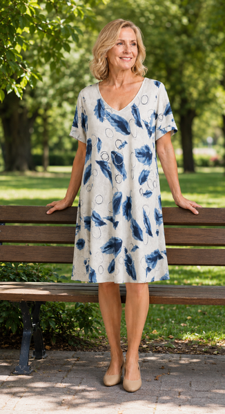 Feather Print Dress - Beige