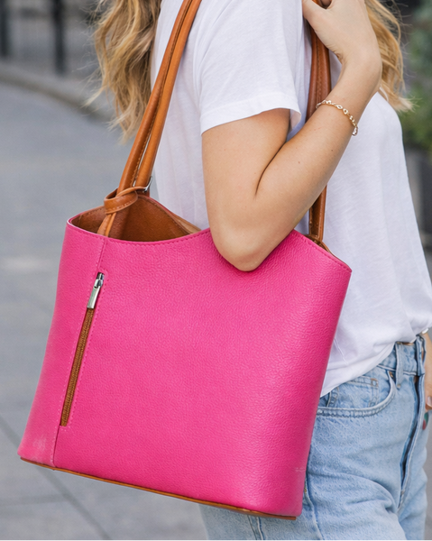 Italian Leather Pebble-Dash Backpack - Fuchsia  & Tan