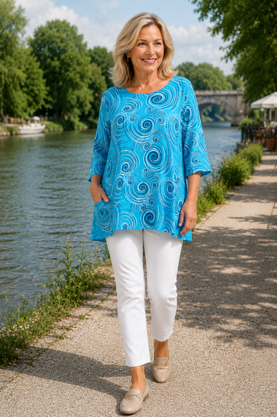 Swirl Print Top - Aqua Blue