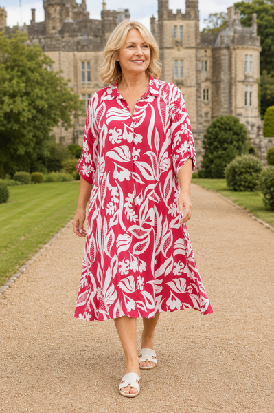 Abstract Print Dress with Collar - Red