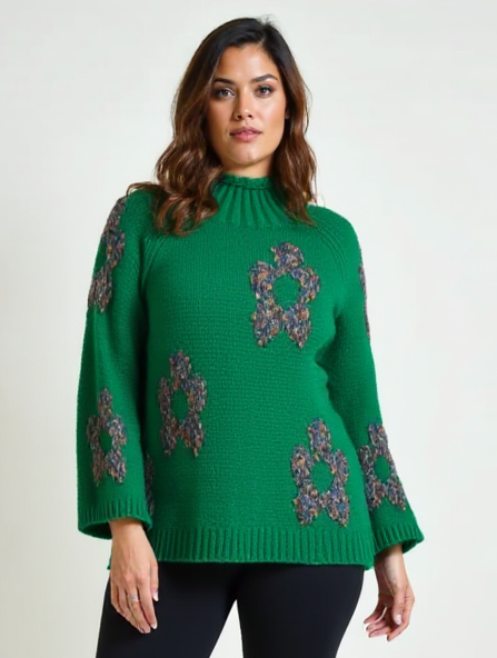 Relaxed Floral Hi-Neck Knit - Jade Green