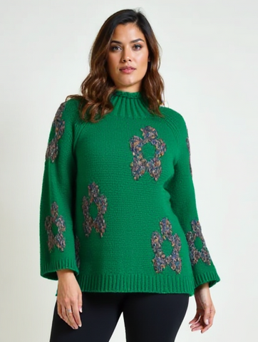 Relaxed Floral Hi-Neck Knit - Jade Green