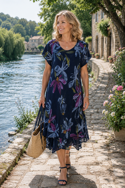 Carol Layered Floral Dress - Navy