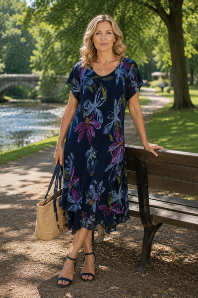 Carol Layered Floral Dress - Navy