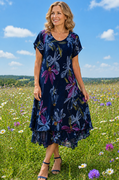 Carol Layered Floral Dress - Navy