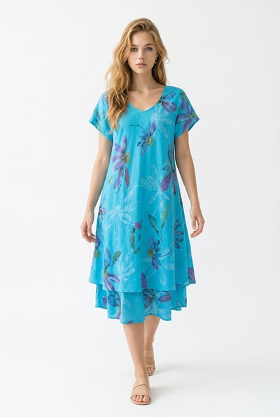 Carol Layered Floral  Dress - Turquoise