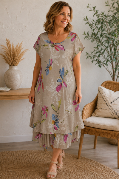 Carol Layered Floral Dress - Mocha