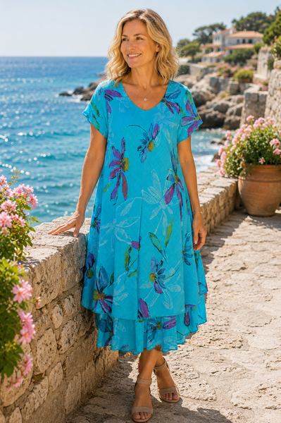 Carol Layered Floral  Dress - Turquoise