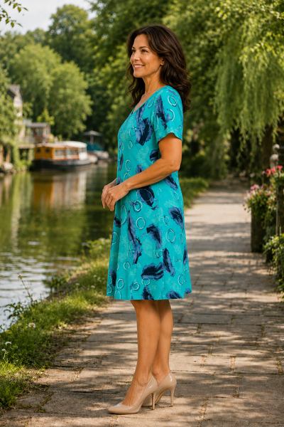 Feather Print Dress - Turquoise