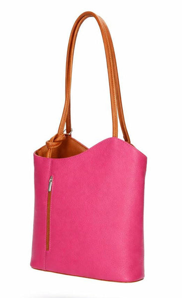 Italian Leather Pebble-Dash Backpack - Fuchsia  & Tan