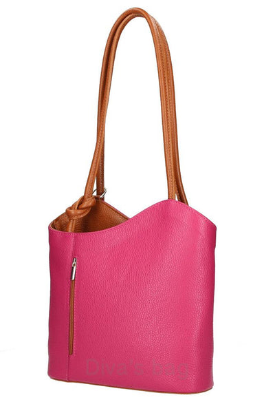 Italian Leather Pebble-Dash Backpack - Fuchsia  & Tan