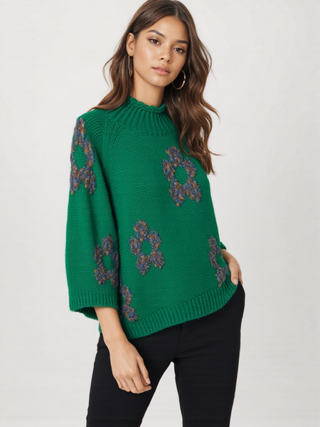 Relaxed Floral Hi-Neck Knit - Jade Green