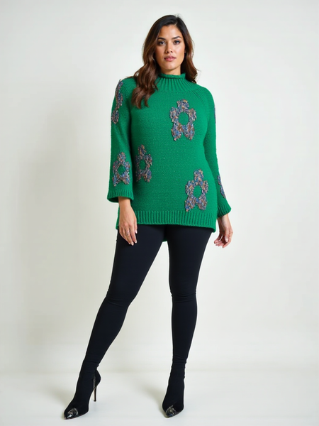 Relaxed Floral Hi-Neck Knit - Jade Green