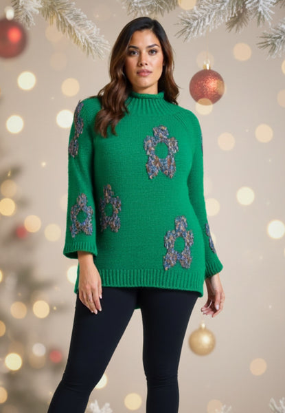 Relaxed Floral Hi-Neck Knit - Jade Green