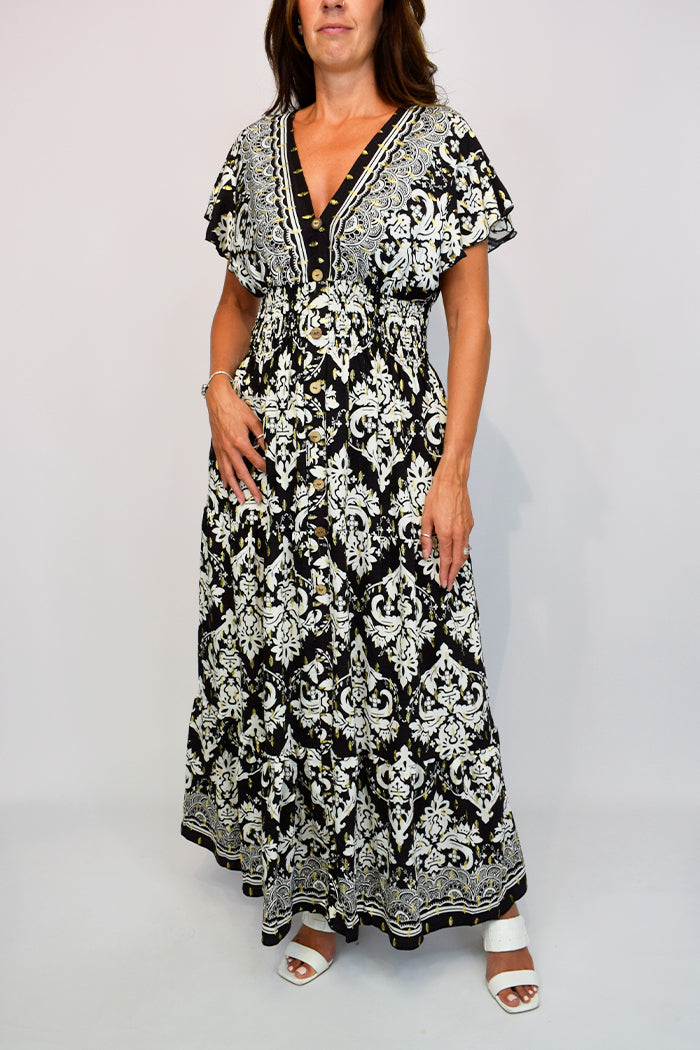 Aztec Paisley Border Maxi Dress - Black