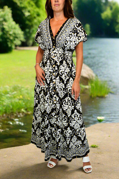 Aztec Paisley Border Maxi Dress - Black