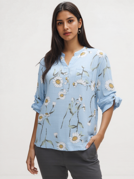 Daisy Print Top with Pocket - Sky Blue