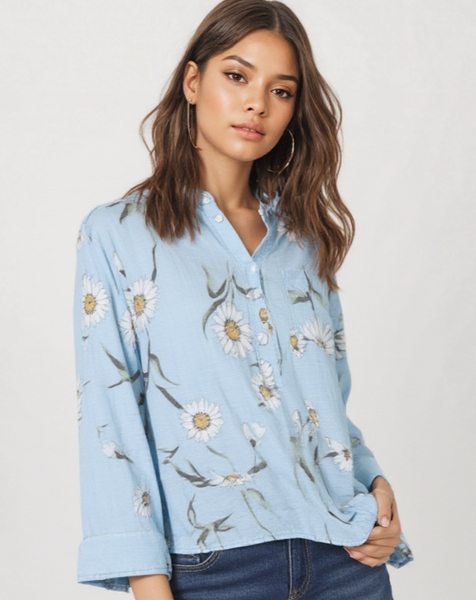 Daisy Print Top with Pocket - Sky Blue