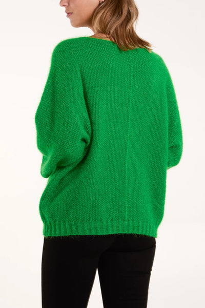 Fluffy V-Neck Knit - Green