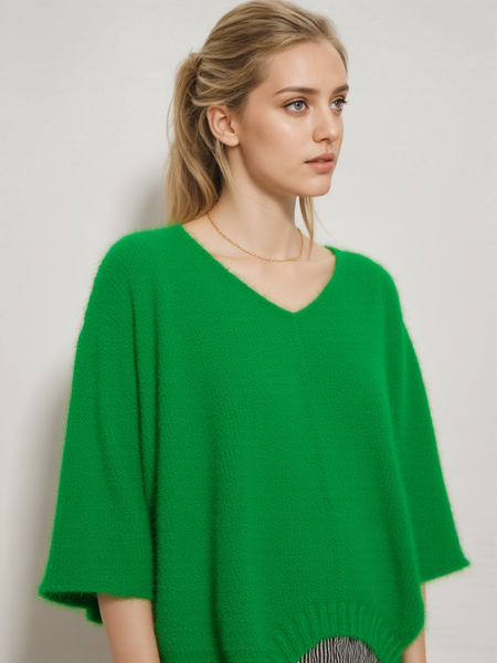 Fluffy V-Neck Knit - Green