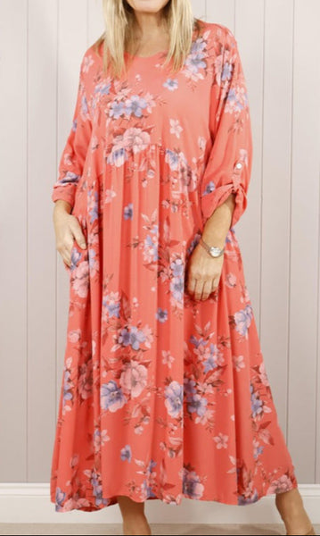 Flower Print Pocket Dress - Coral