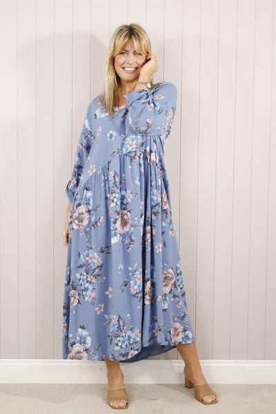 Flower Print Pocket Dress - Denim