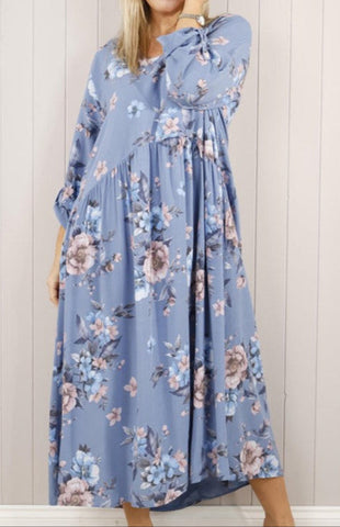 Flower Print Pocket Dress - Denim