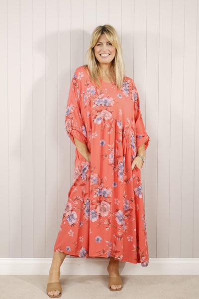 Flower Print Pocket Dress - Coral