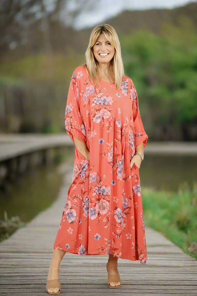 Flower Print Pocket Dress - Coral