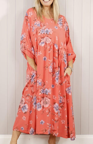 Flower Print Pocket Dress - Coral