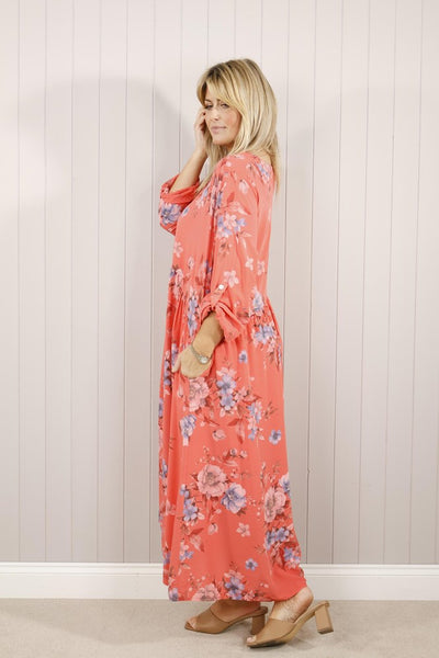 Flower Print Pocket Dress - Coral