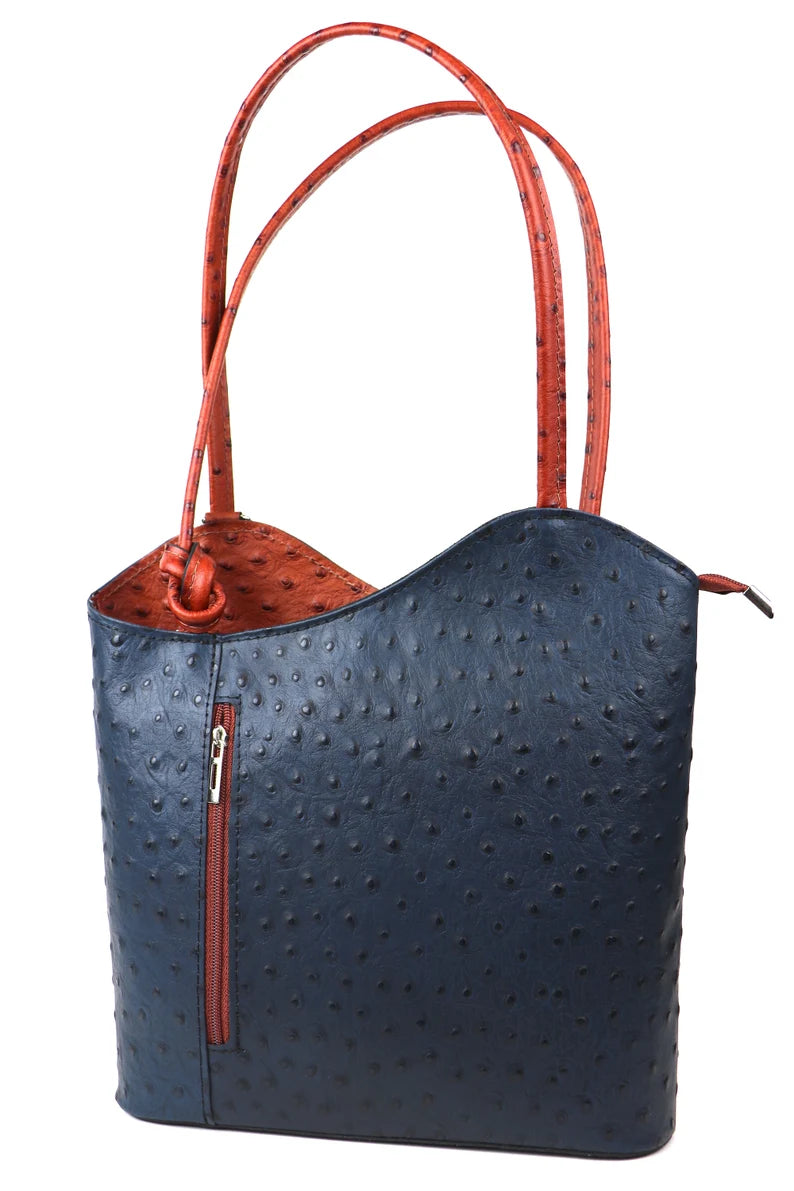 Ostrich Effect Leather Backpack Handbag - Blue/Tan