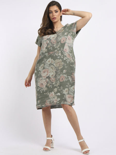 Floral Linen Shift Dress - Khaki