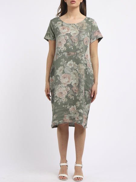 Floral Linen Shift Dress - Khaki