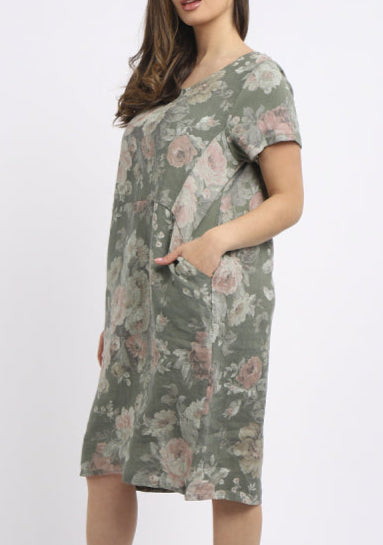 Floral Linen Shift Dress - Khaki