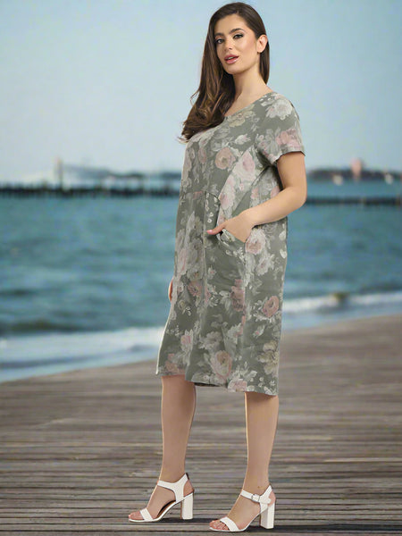 Floral Linen Shift Dress - Khaki