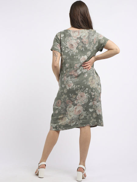 Floral Linen Shift Dress - Khaki
