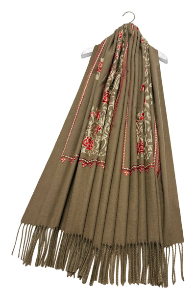 Embroidered Floral Shawl-Scarf - Beige