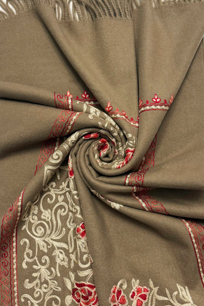 Embroidered Floral Shawl-Scarf - Beige