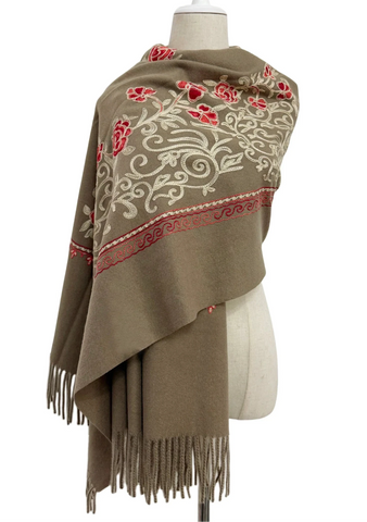 Embroidered Floral Shawl-Scarf - Beige
