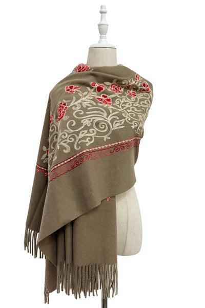 Embroidered Floral Shawl-Scarf - Beige