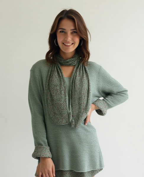 Knitted Layer Top with Scarf - Khaki