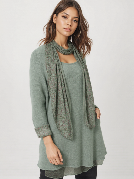 Knitted Layer Top with Scarf - Khaki