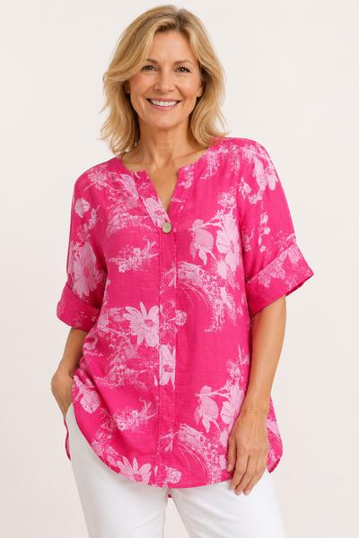 Floral Print  One Button Top New - Fuchsia