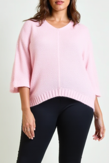 Fluffy V-Neck Knit - Baby Pink