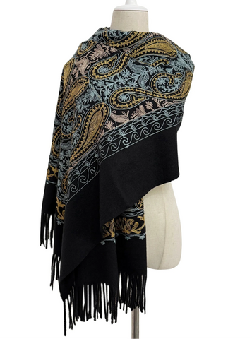 Embroidered Paisley Shawl-Scarf - Black