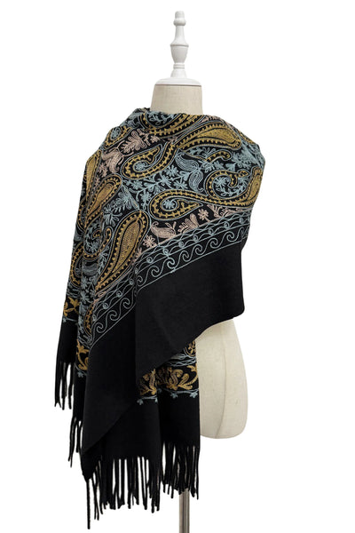 Embroidered Paisley Shawl-Scarf - Black