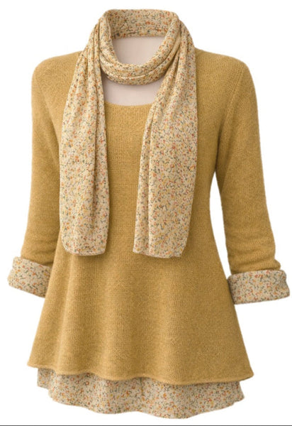 Knitted Layer Top with Scarf - Mustard