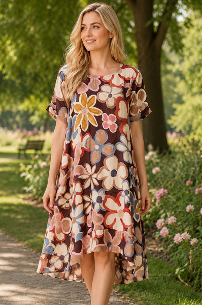 Bold Flower Hi Lo Dress - Chocolate