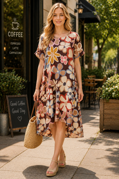 Bold Flower Hi Lo Dress - Chocolate